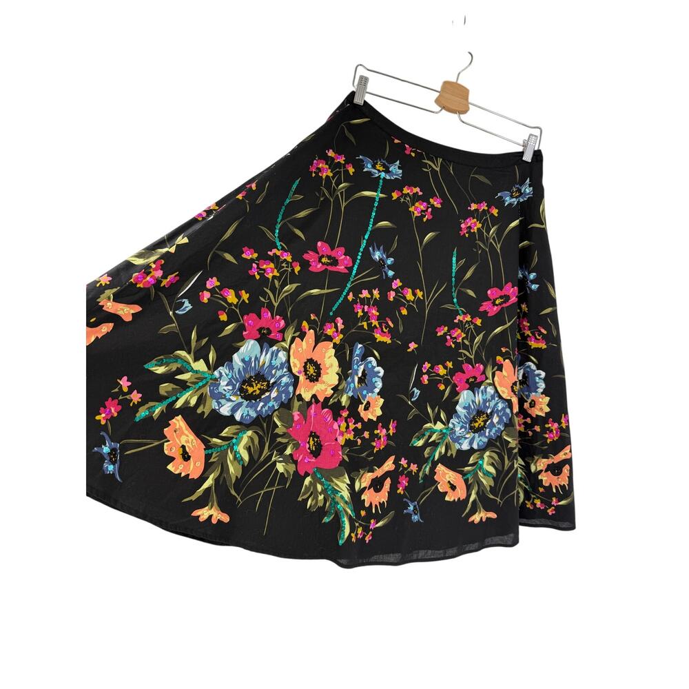 Y2K Willi Smith Womens Floral Midi Skirt Size 8 Cotton Lined Sequins Black Fairy